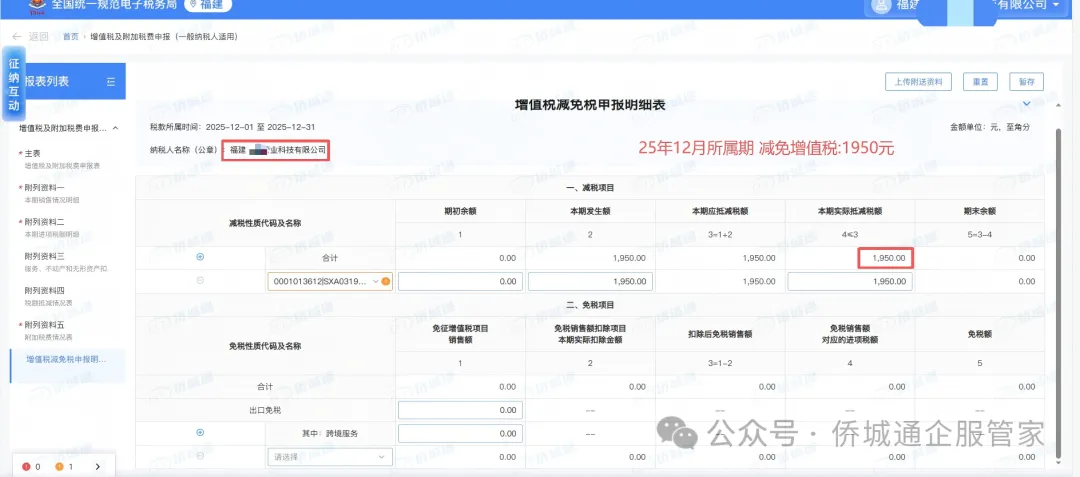 福建某科技公司 25年12月所属期减免1950元(减免记录截图)