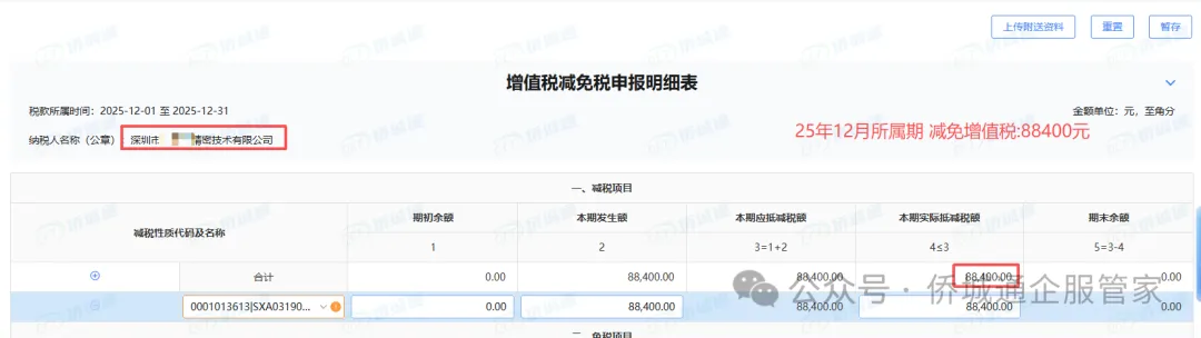 深圳某精密公司 25年12月所属期减免88400元(减免记录截图)