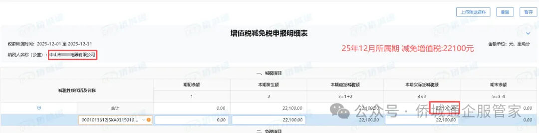 中山某电器公司 25年12月所属期减免22100元(减免记录截图)
