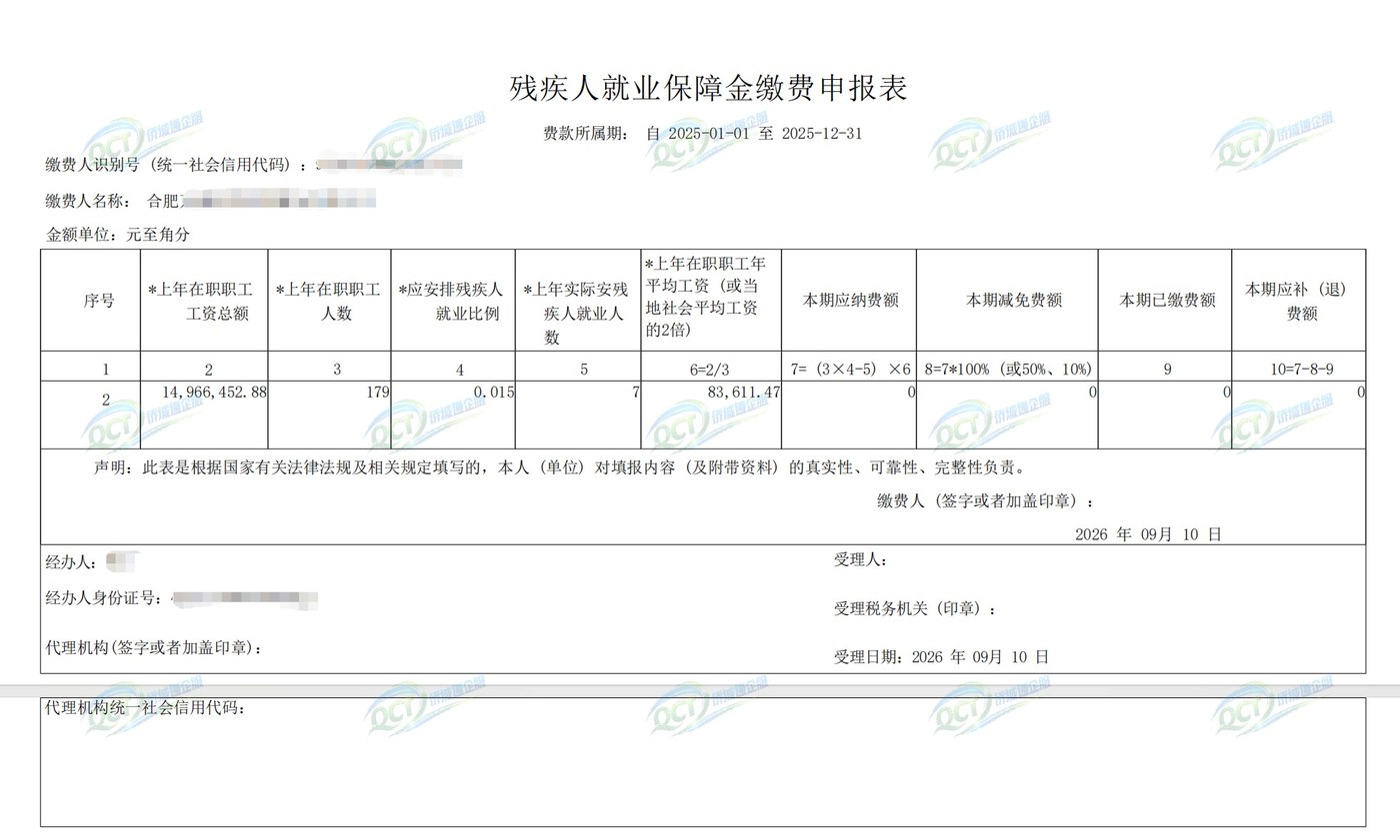 合肥某公司《残疾人就业保障金缴费申报表》，按未安置情形测算减少残保金 202,047.12 元，企业名称与纳税人识别号已脱敏