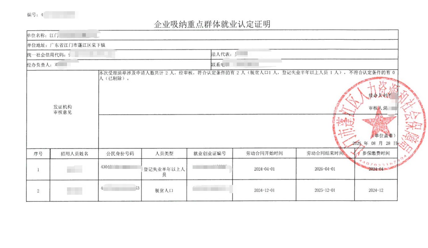 江门为某企业出具的《企业吸纳重点群体就业认定证明》凭证，企业名称已脱敏