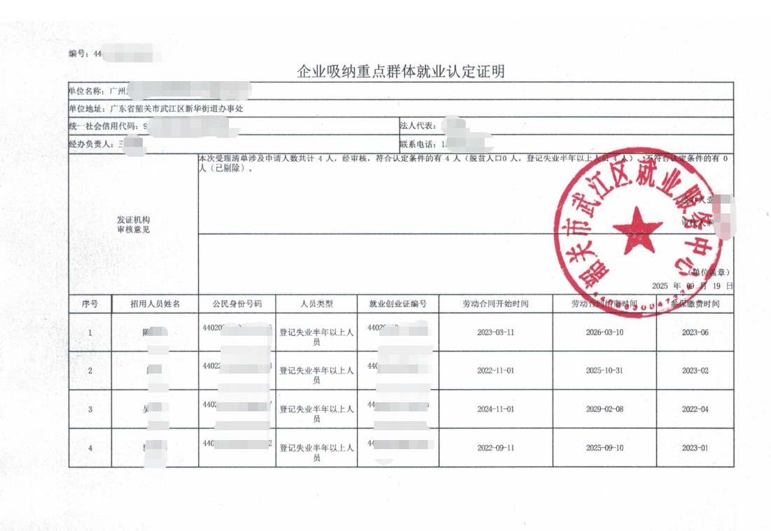 韶关为某企业出具的《企业吸纳重点群体就业认定证明》凭证，企业名称已脱敏