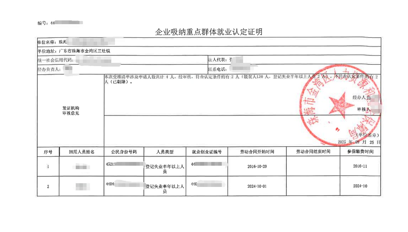 珠海为某企业出具的《企业吸纳重点群体就业认定证明》凭证，企业名称已脱敏