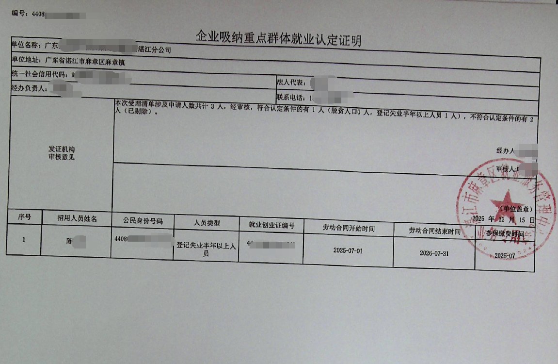 湛江为某企业出具的《企业吸纳重点群体就业认定证明》凭证，企业名称已脱敏