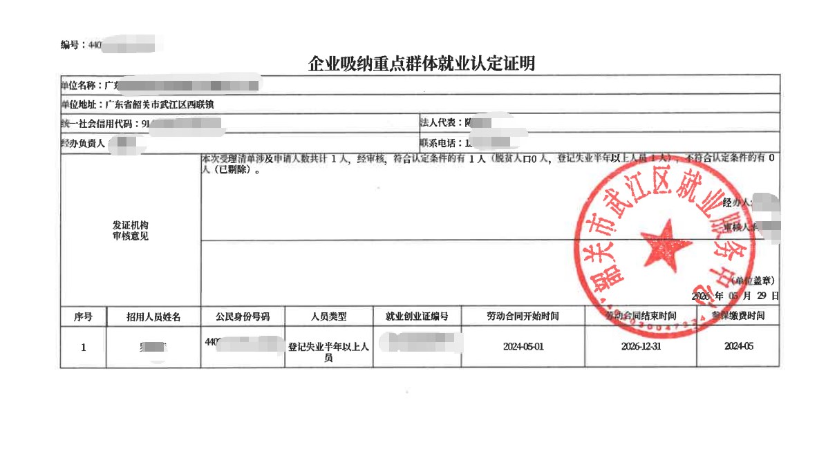 韶关为某企业出具的《企业吸纳重点群体就业认定证明》凭证，企业名称已脱敏