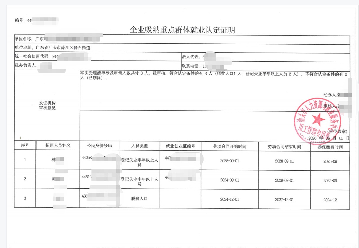 汕头为某企业出具的《企业吸纳重点群体就业认定证明》凭证，企业名称已脱敏