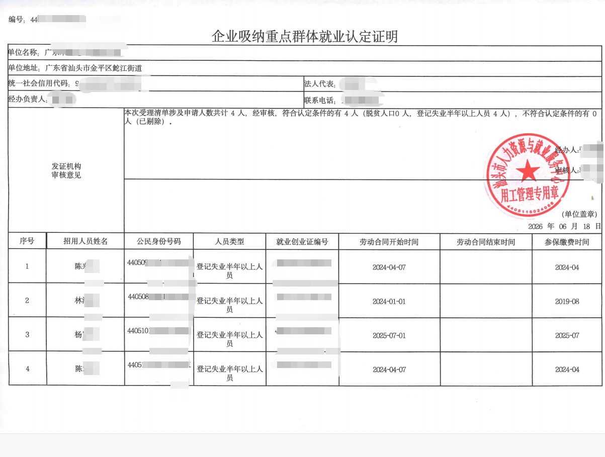 汕头为某企业出具的《企业吸纳重点群体就业认定证明》凭证，企业名称已脱敏
