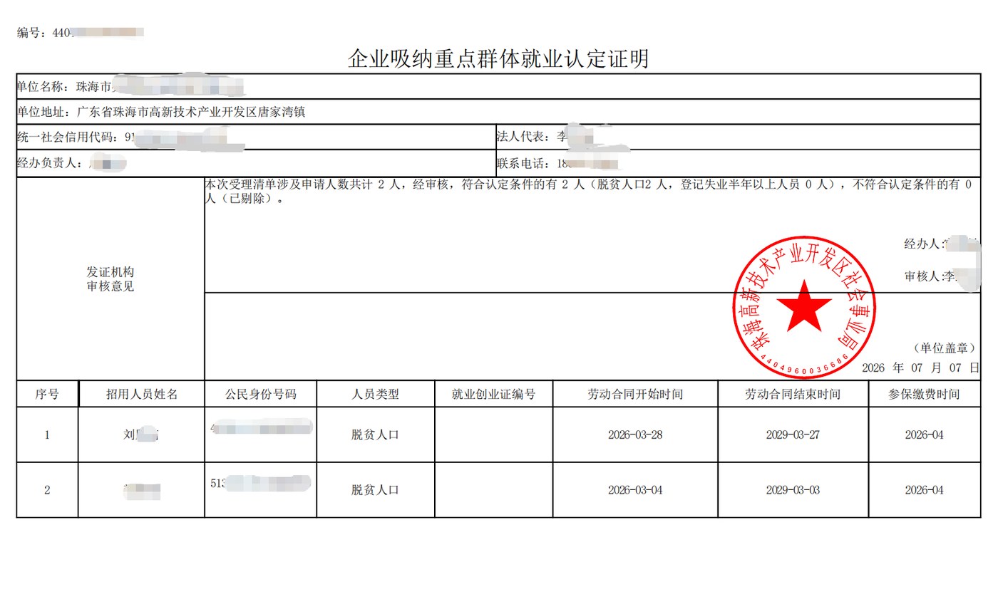 珠海为某企业出具的《企业吸纳重点群体就业认定证明》凭证，企业名称已脱敏