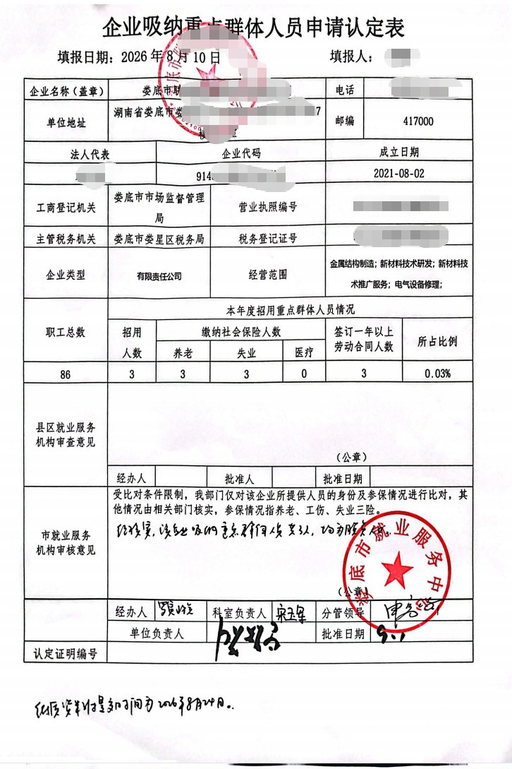 湖南为某企业出具的《企业吸纳重点群体就业认定证明》凭证，企业名称已脱敏