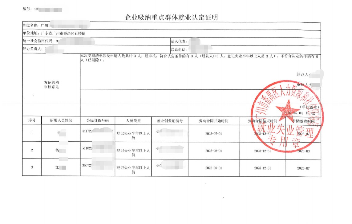 广州为某企业出具的《企业吸纳重点群体就业认定证明》凭证，企业名称已脱敏