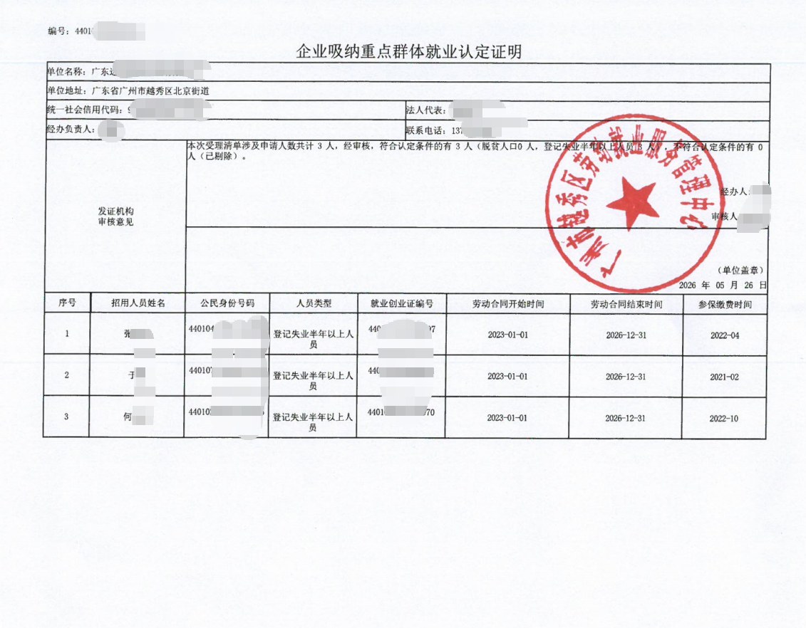 广州为某企业出具的《企业吸纳重点群体就业认定证明》凭证，企业名称已脱敏