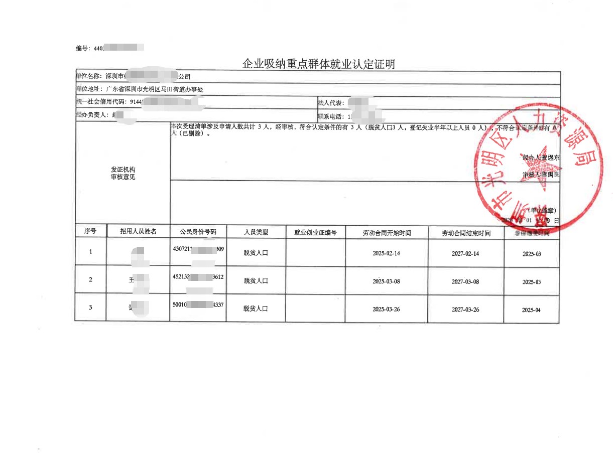 深圳为某企业出具的《企业吸纳重点群体就业认定证明》凭证，企业名称已脱敏