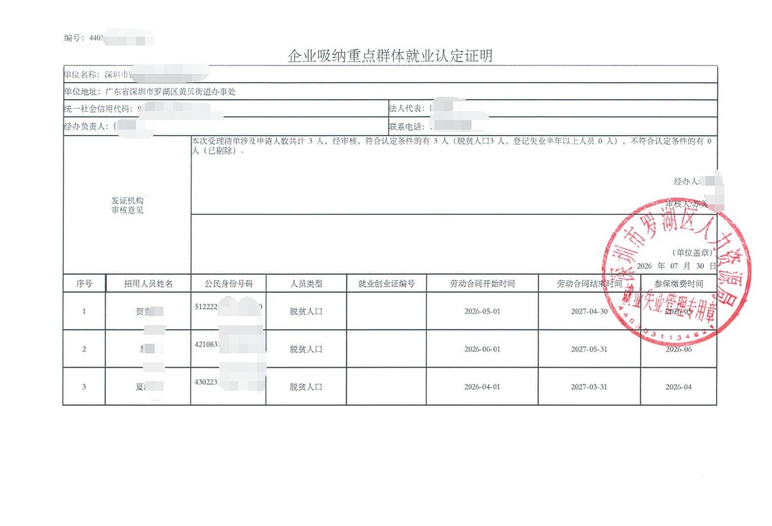 深圳为某企业出具的《企业吸纳重点群体就业认定证明》凭证，企业名称已脱敏