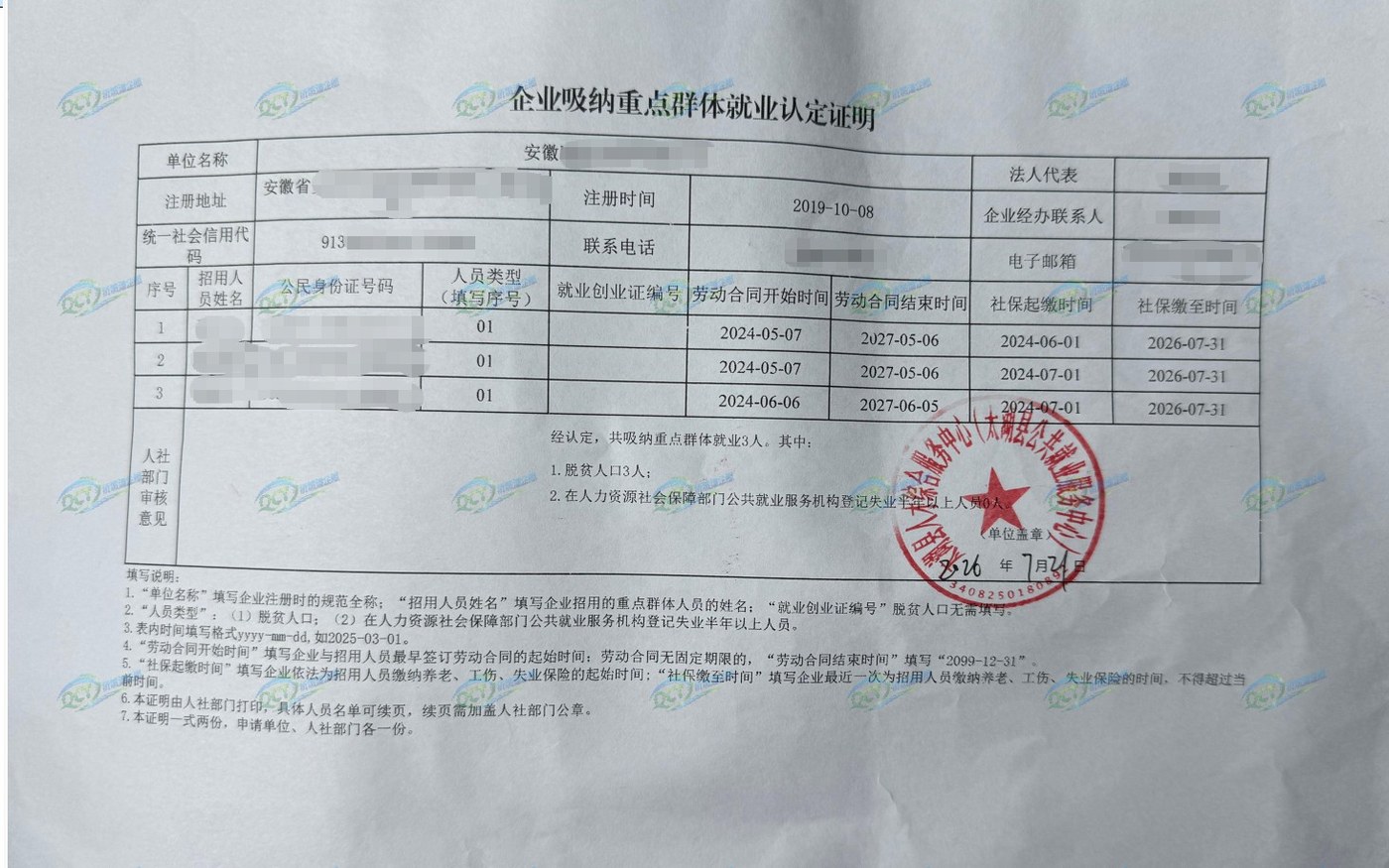 安庆为某企业出具的《企业吸纳重点群体就业认定证明》凭证，企业名称已脱敏