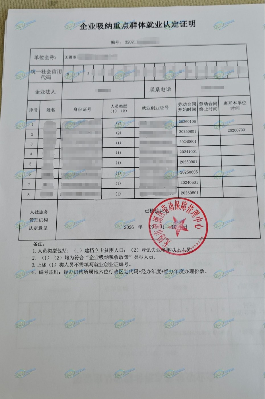 无锡为某企业出具的《企业吸纳重点群体就业认定证明》凭证，企业名称已脱敏