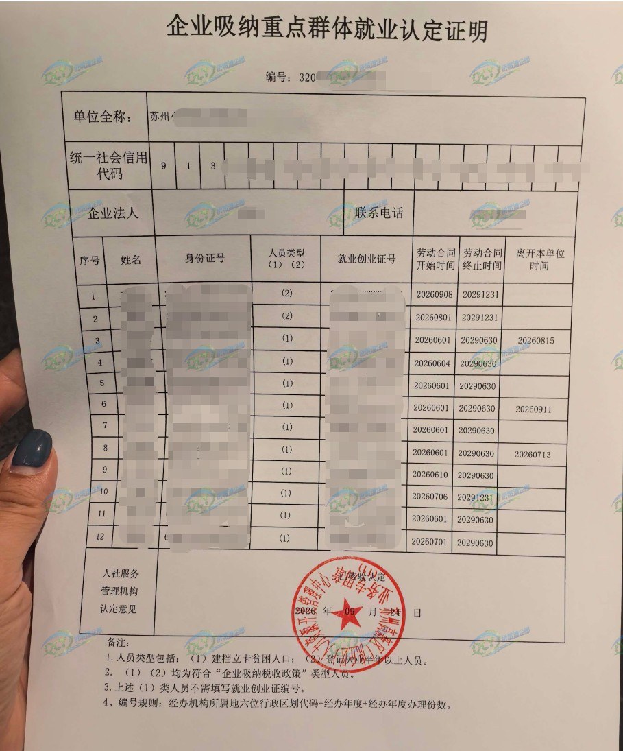 苏州为某企业出具的《企业吸纳重点群体就业认定证明》凭证，企业名称已脱敏