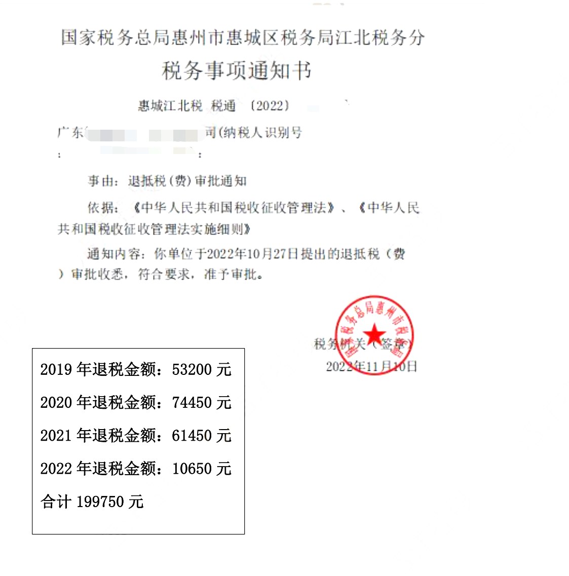国家税务总局惠州市惠城区税务局江北税务分局，《税务事项通知书》凭证，金额 199,750.00 元，客户名称与纳税人识别号已脱敏