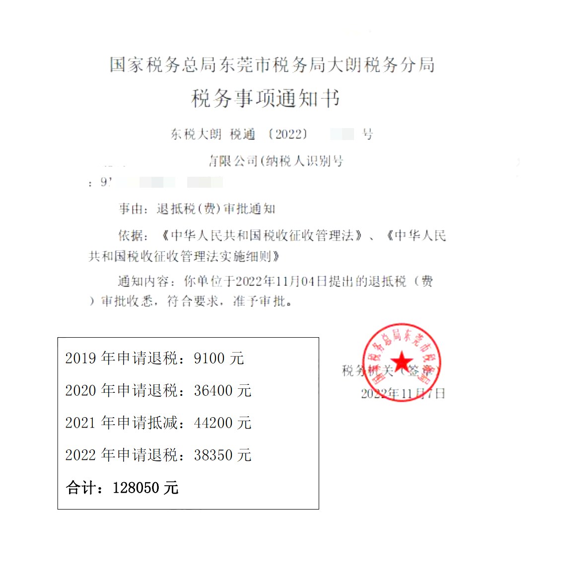 国家税务总局东莞市税务局大朗税务分局，《税务事项通知书》凭证，金额 128,050.00 元，客户名称与纳税人识别号已脱敏