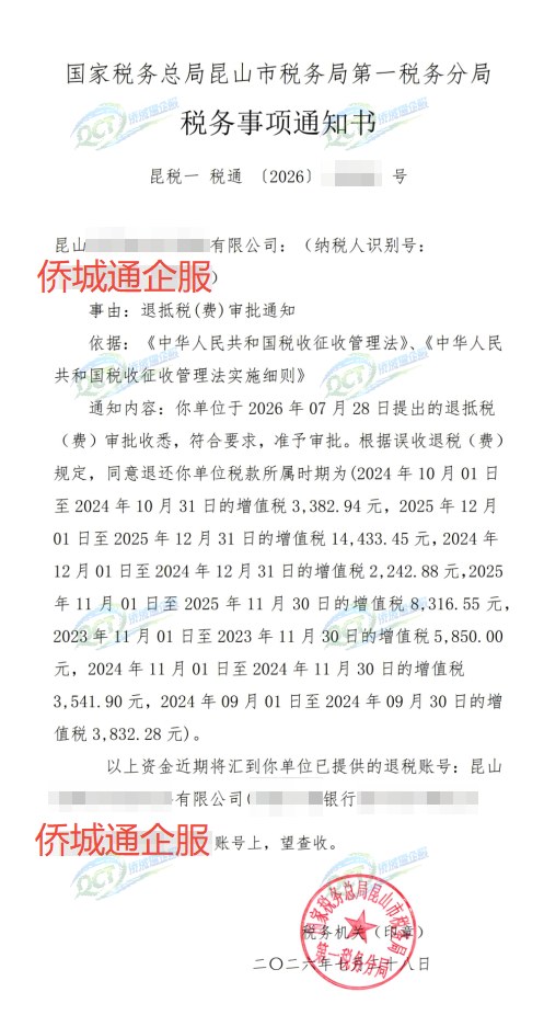 国家税务总局昆山市税务局第一税务分局，《税务事项通知书》凭证，金额 41,600.00 元，客户名称与纳税人识别号已脱敏